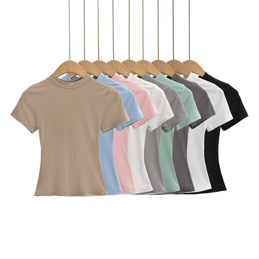 Solid Color Small Round Neck Elastic Shoulder Short Sleeve T-shirt Basic Style Waist-tight