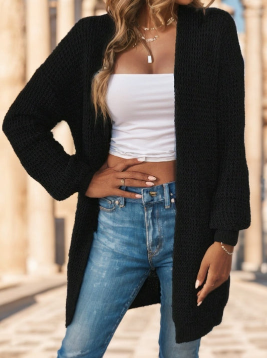 Solid Drop Shoulder Cardigan Long Sleeve Tops