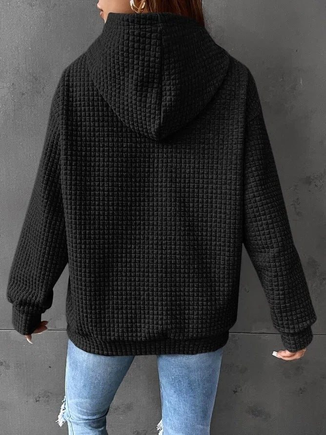 Small Plaid Pocket Long Sleeved Solid Color Top Hoodie