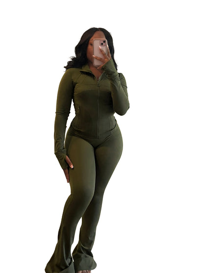 Women's Tight Long Sleeve Slightly Flared Two-piece Suit