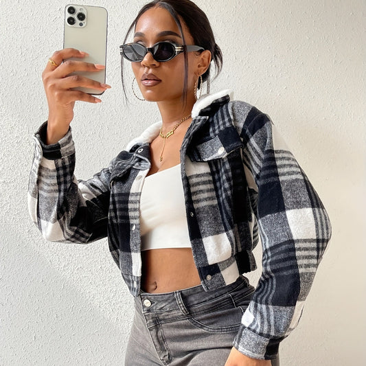 Fashion All-match Plaid Long Sleeve Short Top