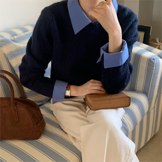 Idle Style Contrast Color Lapels Knitwear Top For Women