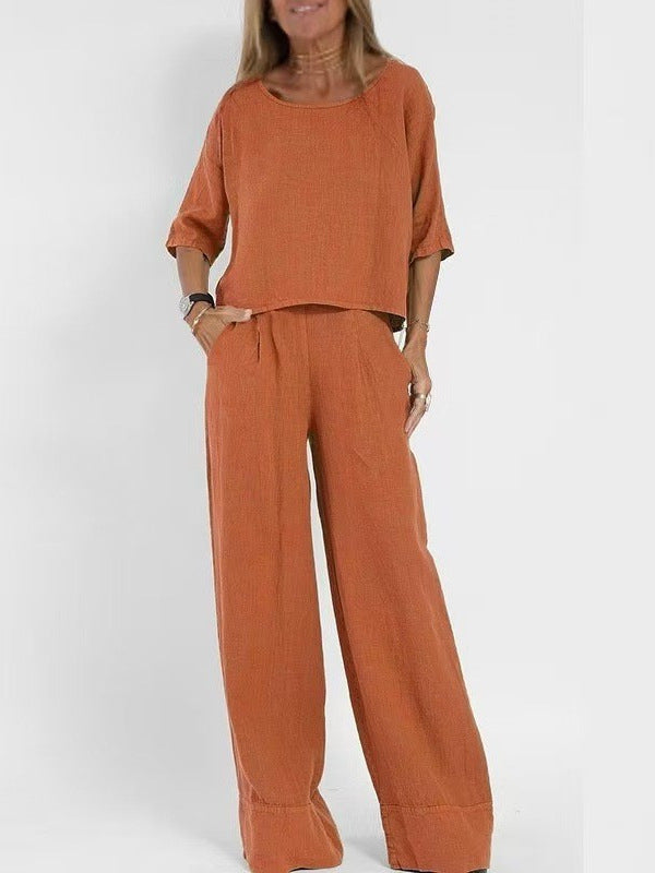 Women's Cropped Sleeves Wide-leg Pants Suit