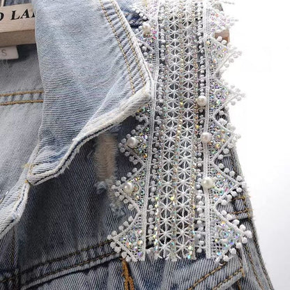 Women's Lace Studded Beaded Denim Jacket