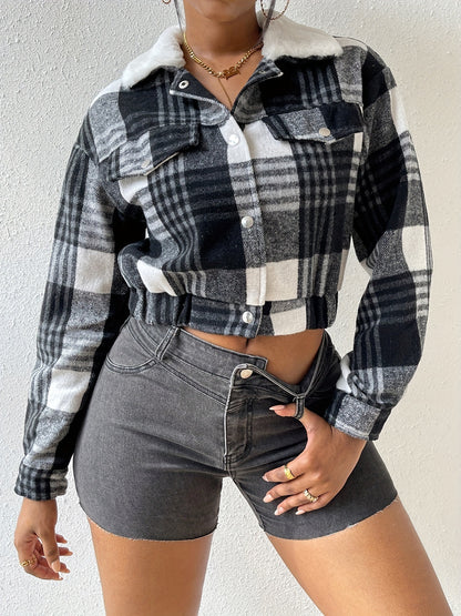 Fashion All-match Plaid Long Sleeve Short Top