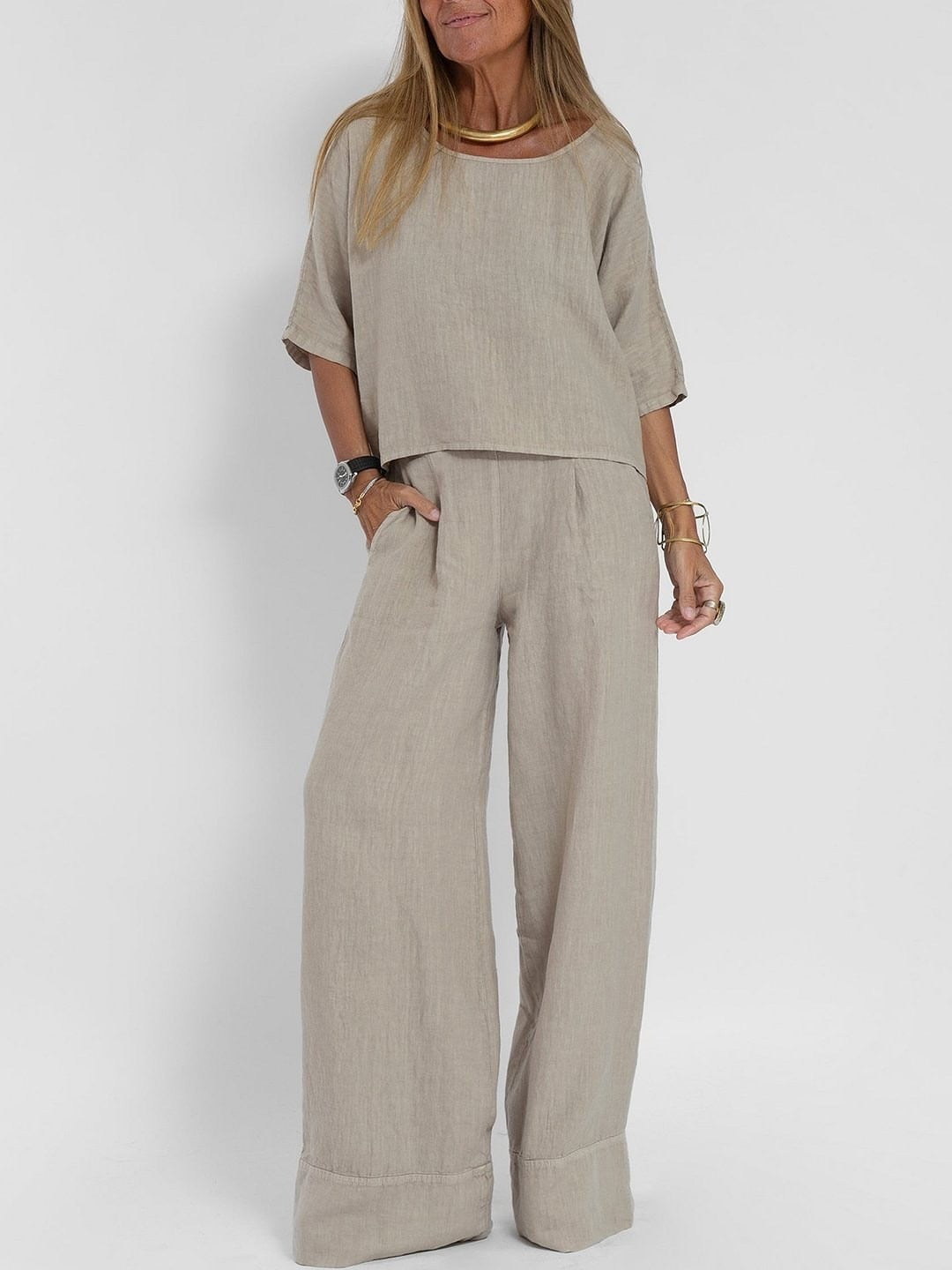 Women's Cropped Sleeves Wide-leg Pants Suit
