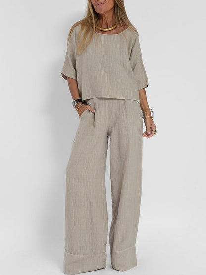 Women's Cropped Sleeves Wide-leg Pants Suit