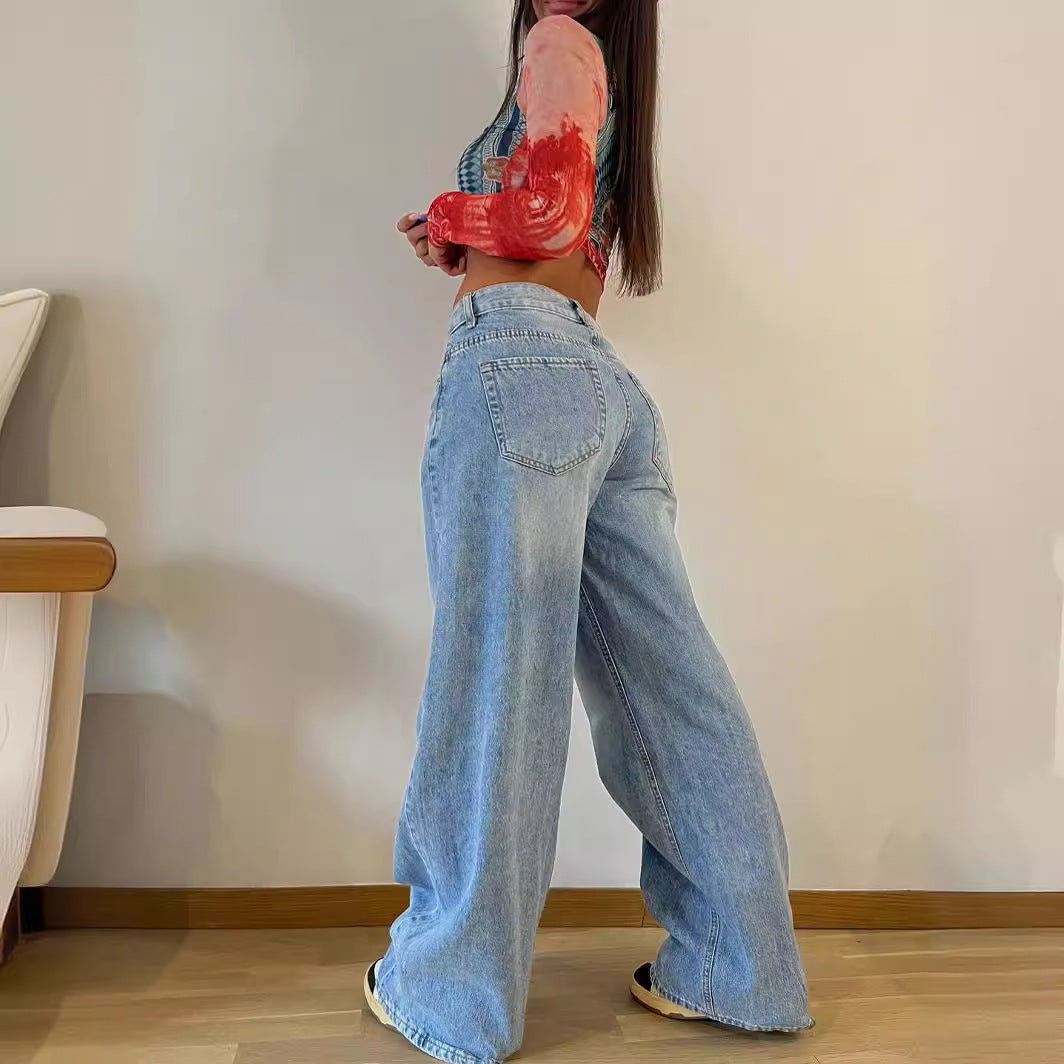 New Retro Long Wide-leg Hot Girl Loose Jeans For Women