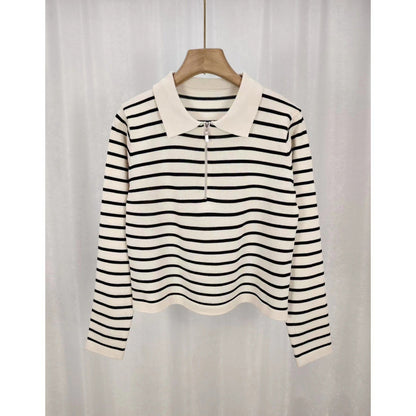 Spring Knitted Loose Contrast Color Striped Collar Long-sleeved Sweater For Women