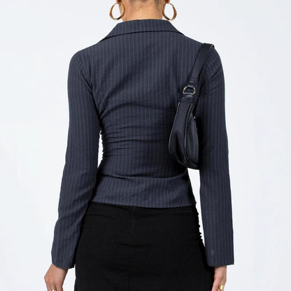 Lapel Breasted Cardigan Long Sleeve Shirt Slim Striped Top
