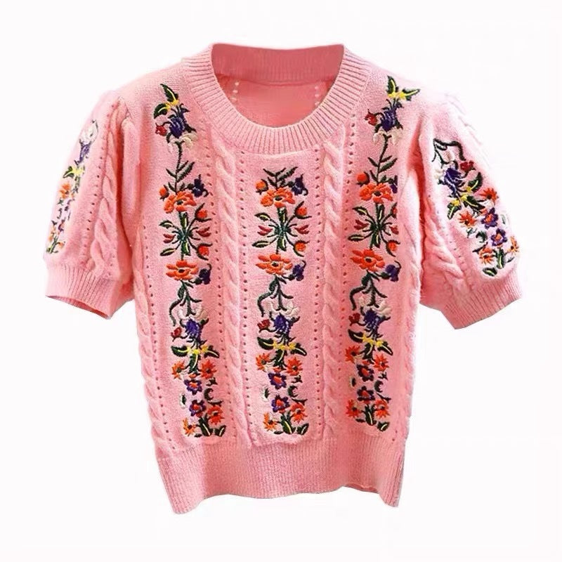 Women's Embroidered Jacquard Short-sleeved Hollow-out Top