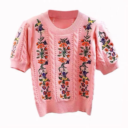 Women's Embroidered Jacquard Short-sleeved Hollow-out Top