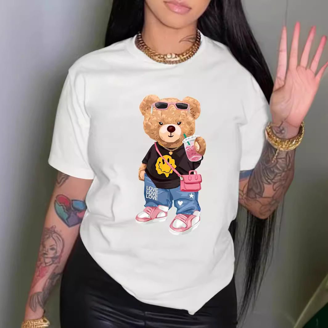 Cool Bear Printed T-shirt Short Sleeve Round Neck Casual Top