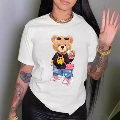 Cool Bear Printed T-shirt Short Sleeve Round Neck Casual Top