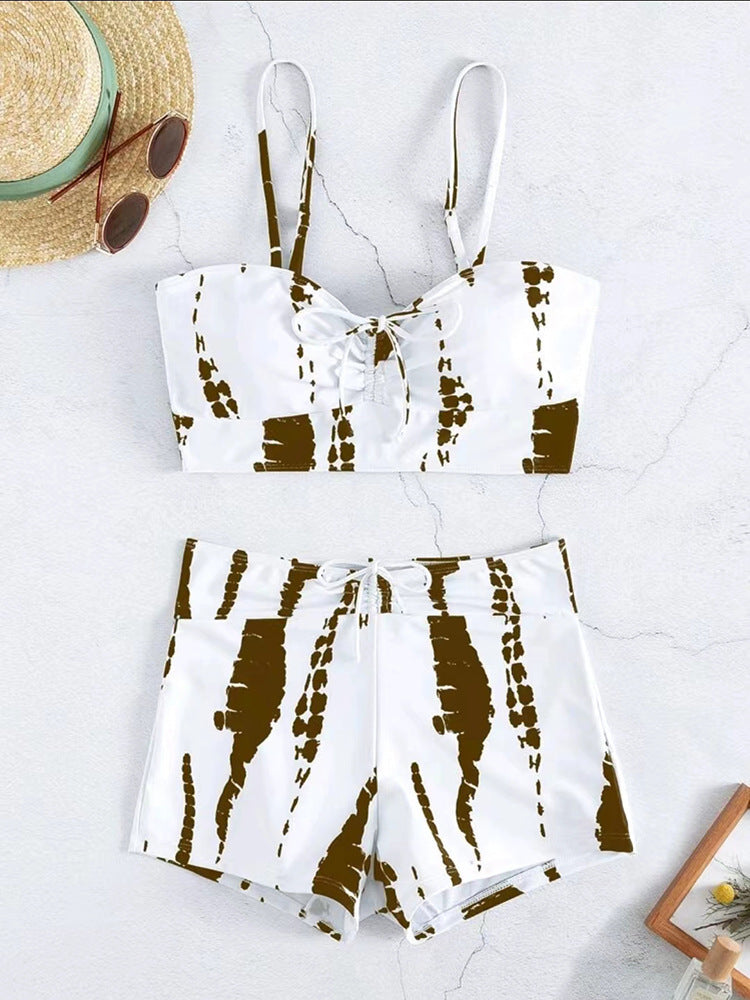 High Waist Boxer Lace Printing Swimsuit