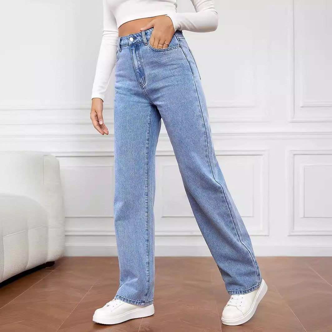 Washed Fashion Straight Jeans Women's Mid Waist