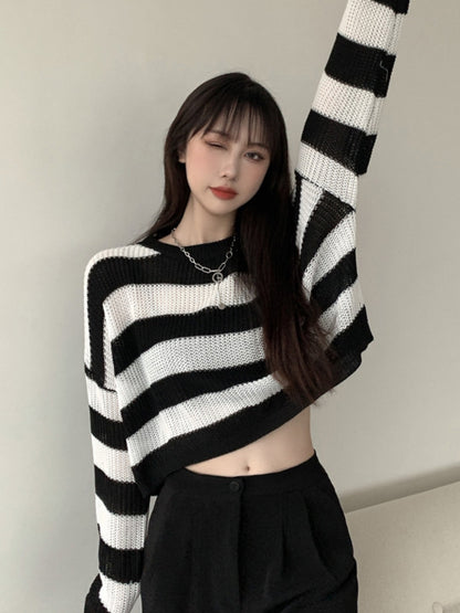 Women's Black And White Striped Sweater Autumn Sweater