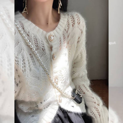 Hollow Mohair White Sweaters Cardigan