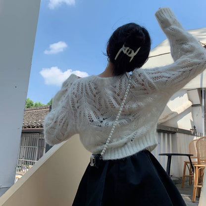 Hollow Mohair White Sweaters Cardigan