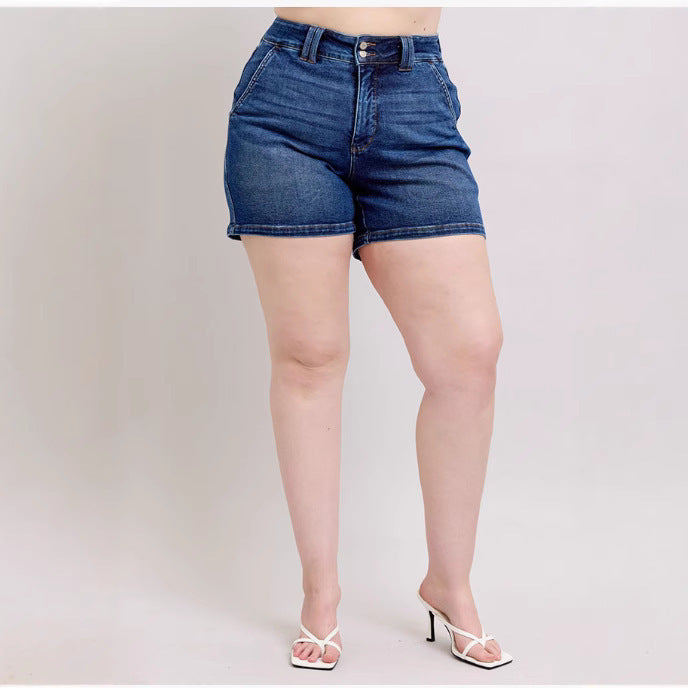 New Summer Women's Fashion High Waist Double Buckle Denim Shorts