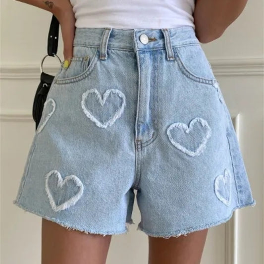 Cute Heart Pattern High Waist Denim Shorts