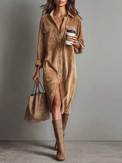 Long Sleeve Lapel Shirt Loose Long Dress