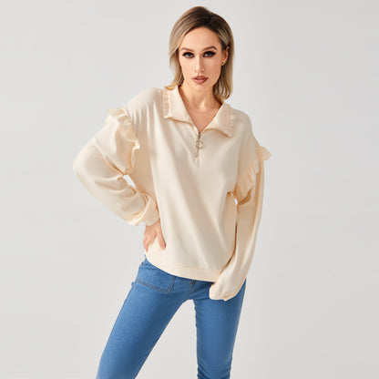 Women's Casual Ruffle Trim Half Zip Sweatshirt