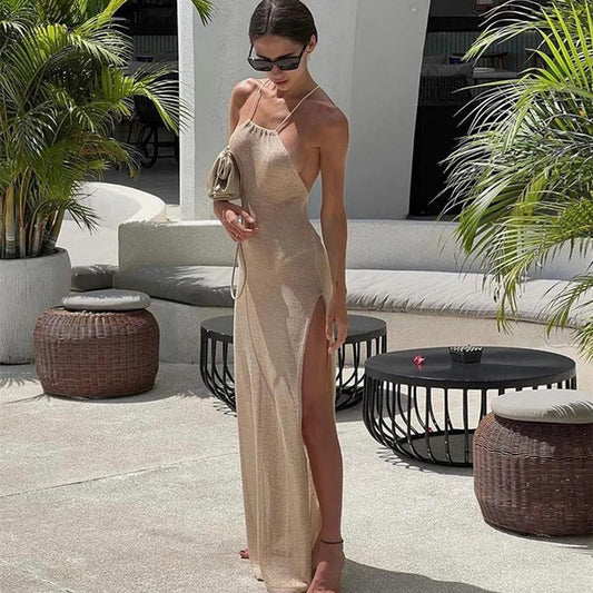 Double-sided High Slit Sling Beautiful Back Knitted Dress