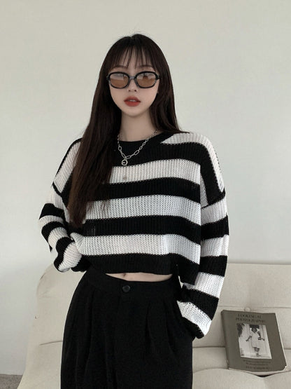 Women's Black And White Striped Sweater Autumn Sweater