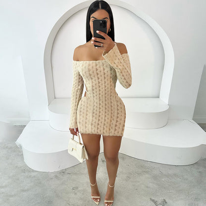 Solid Color High Waist Slim Fit Backless Off-shoulder Dress