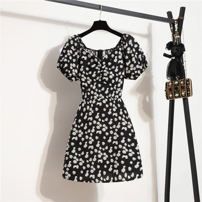 Summer Puff Sleeve Waist Slimming Small Elegant Floral Dress Women