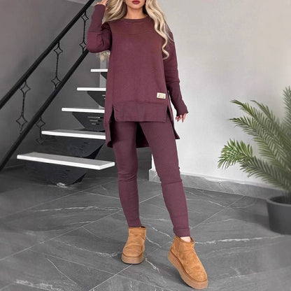 Women's Slit Long Sleeve Top And Trousers Suit