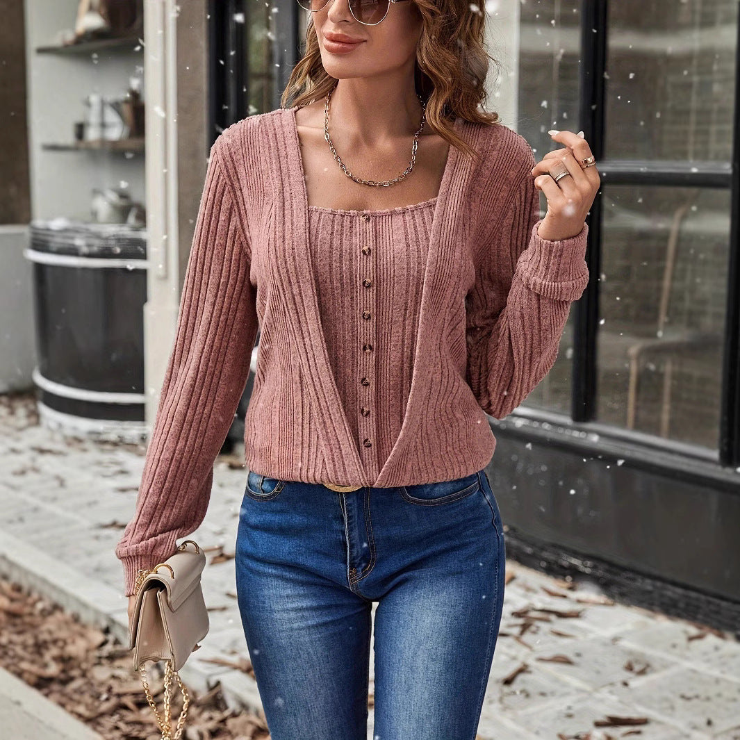 Button Loose Long Sleeve Solid Color Knitted T-shirt
