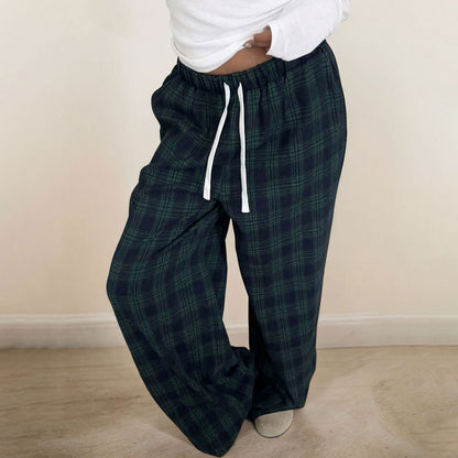 Women's Casual Plaid Trousers Elastic Waist Casual Pants