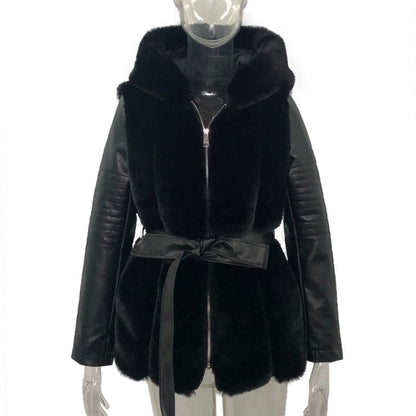 Women's New Fur Belt Hooded Zipper Coat