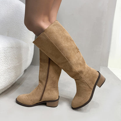 Chunky Heel Suede Side Zipper Boots