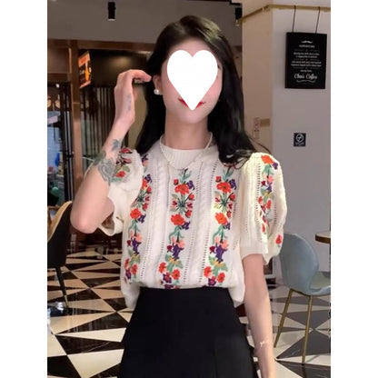 Women's Embroidered Jacquard Short-sleeved Hollow-out Top