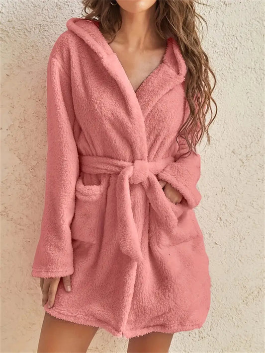 Solid Color Pockets Hooded Teddy Coat