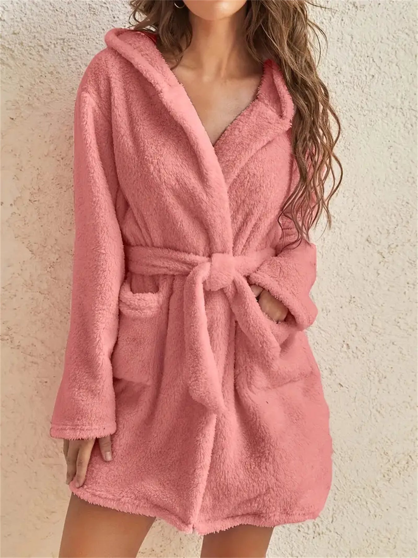 Solid Color Pockets Hooded Teddy Coat