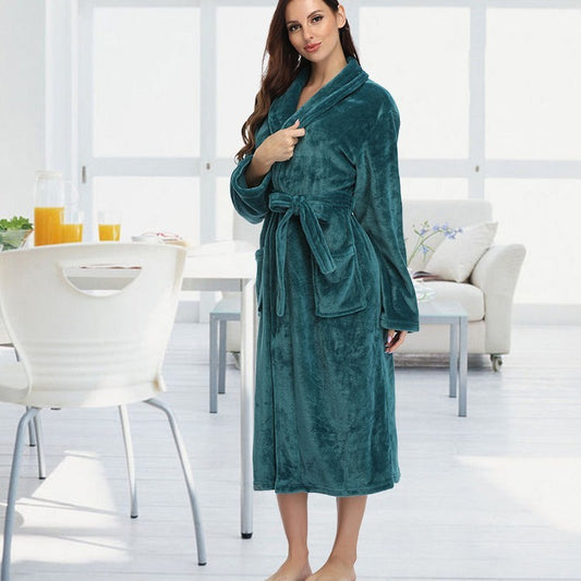 Flannel Couple Lapel Solid Print Nightgown