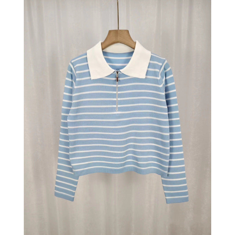 Spring Knitted Loose Contrast Color Striped Collar Long-sleeved Sweater For Women