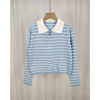 Spring Knitted Loose Contrast Color Striped Collar Long-sleeved Sweater For Women