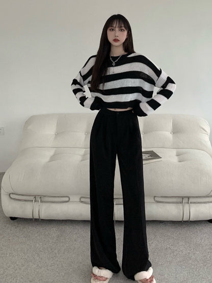 Women's Black And White Striped Sweater Autumn Sweater