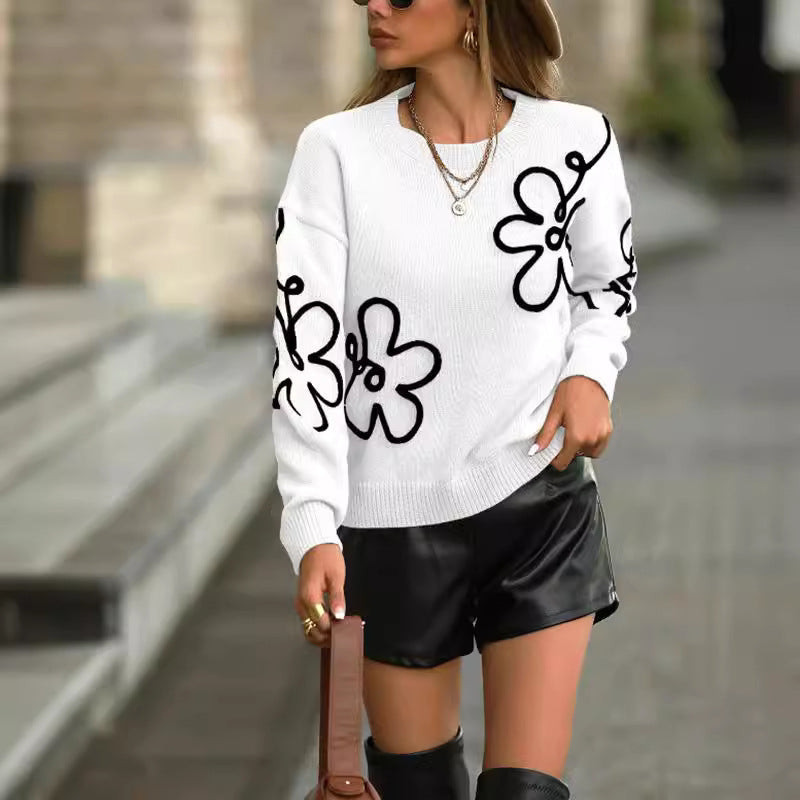 Solid Color Flower Knitted Sweater