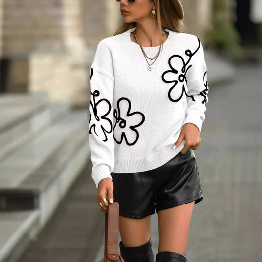 Solid Color Flower Knitted Sweater