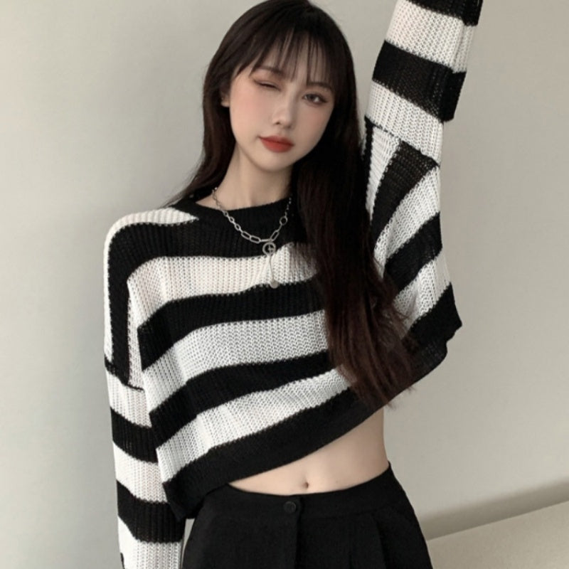 Women's Black And White Striped Sweater Autumn Sweater