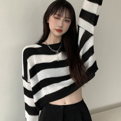 Women's Black And White Striped Sweater Autumn Sweater