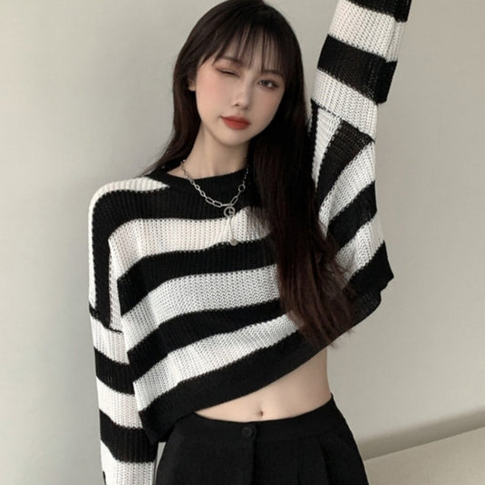 Women's Black And White Striped Sweater Autumn Sweater