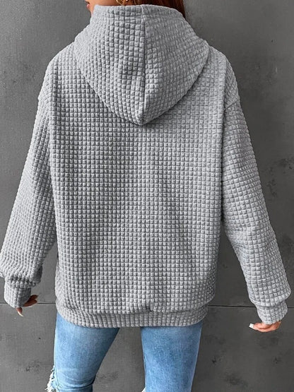 Small Plaid Pocket Long Sleeved Solid Color Top Hoodie