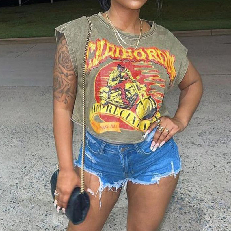 Womens Sleeveless Cropped Graphic Shirt